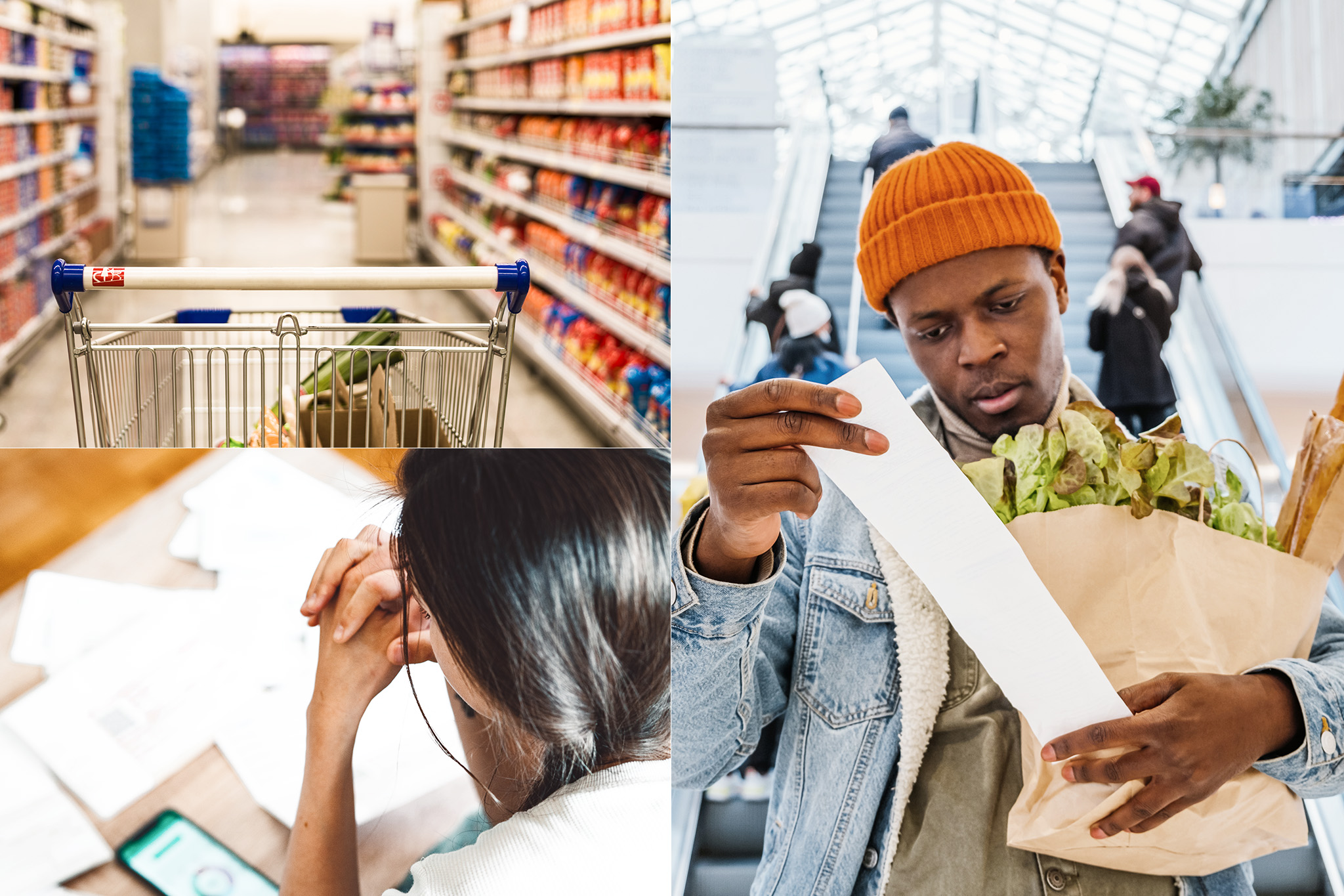 Collage of people looking stressed due to the rising cost of groceries and other necessities